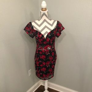 Red Rose Lace Mini Cocktail Dress with Cap Sleeve
